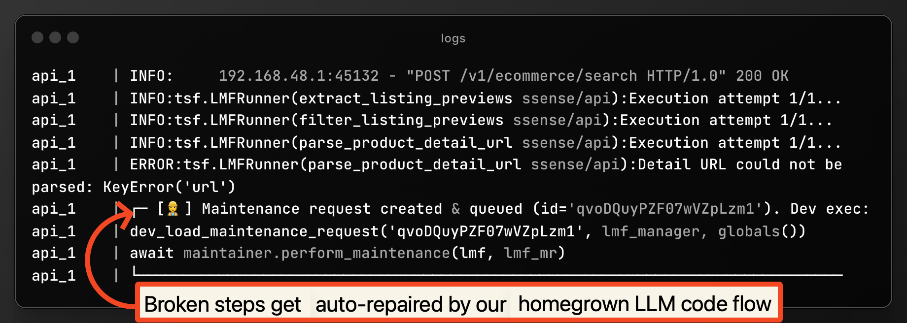 Internal logs showcasing broken integration detection.